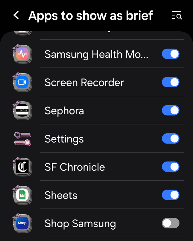 Özelliği kapatmak için uygulamalar ekranının ekran görüntüsü